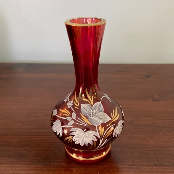 Vintage West German hand-painted cranberry glass vase - Picture 1 of 5